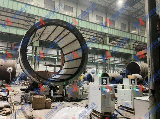 中頻感應器應用于外徑4624mm，壁厚212mm的工件熱處理。熱處理溫度620℃±14℃。